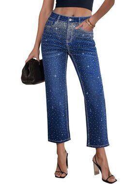 High Waisted Cropped Jeans for Women | Embellished Rhinestone Sparkly Night Out